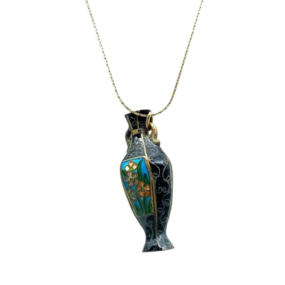 Vintage Cloisonné Vase Pendant Necklace With Floral Design & Gold-Tone Chain, As